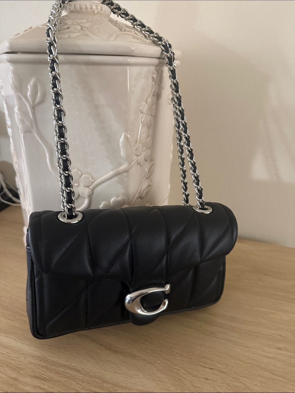 Coach Black Tabby 20 Quilted Shoulder Bag with Silver Chain